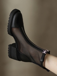 GG。真皮薄款马丁靴女2024年夏季新款透气网纱凉靴镂空厚底粗跟短