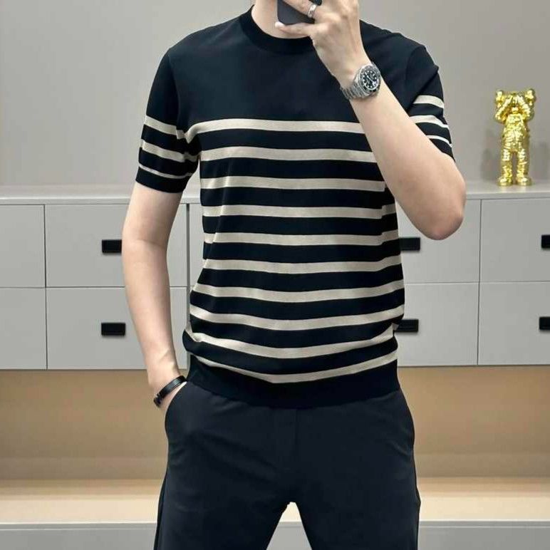 C442-拼色条纹创意针织短袖T恤男青年商务休闲帅气时尚个性