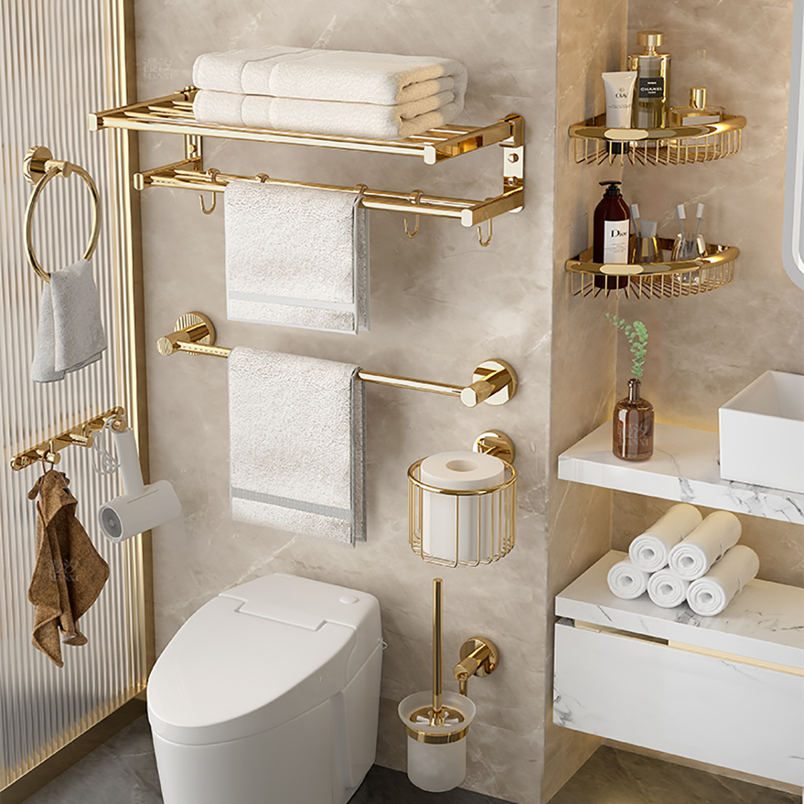 全铜毛巾架卫生间免打孔浴室置物架高