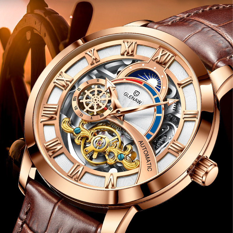 格伦品牌手表男士全自动机械表男表镂空防水腕表爆款外贸