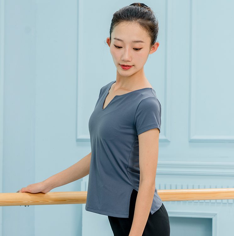 锦纺棉舞蹈练功服短袖v领上衣女成人舞蹈服芭雷舞形体新款2021