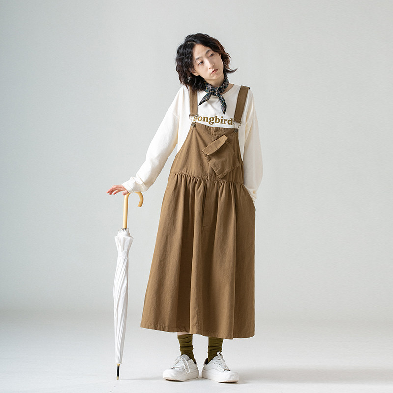 初唯背带裙女2022秋季新款日系宽松中长款工装设计感小众a字裙子