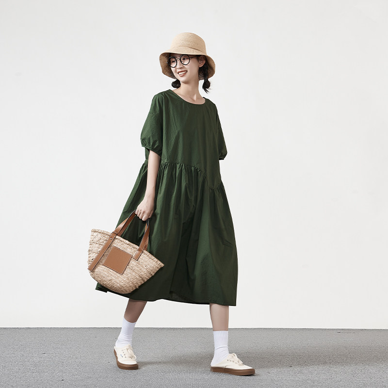 初唯女装2021夏新款日系文艺连衣裙纯色宽松胖妹妹a字裙夏季大码