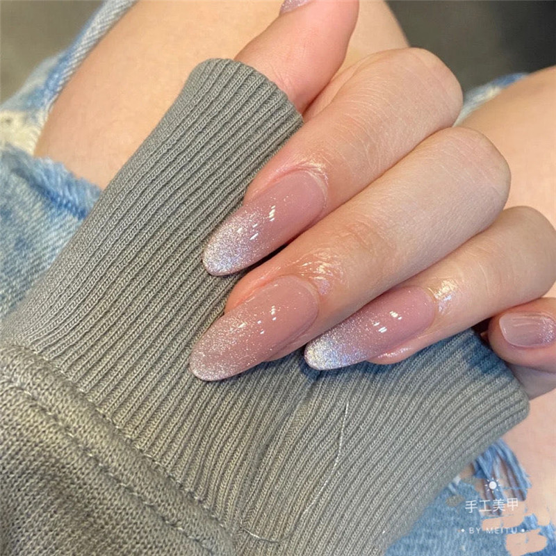 手工订制显白气质秋冬粉裸色渐变晶石猫眼美甲成品穿戴甲片