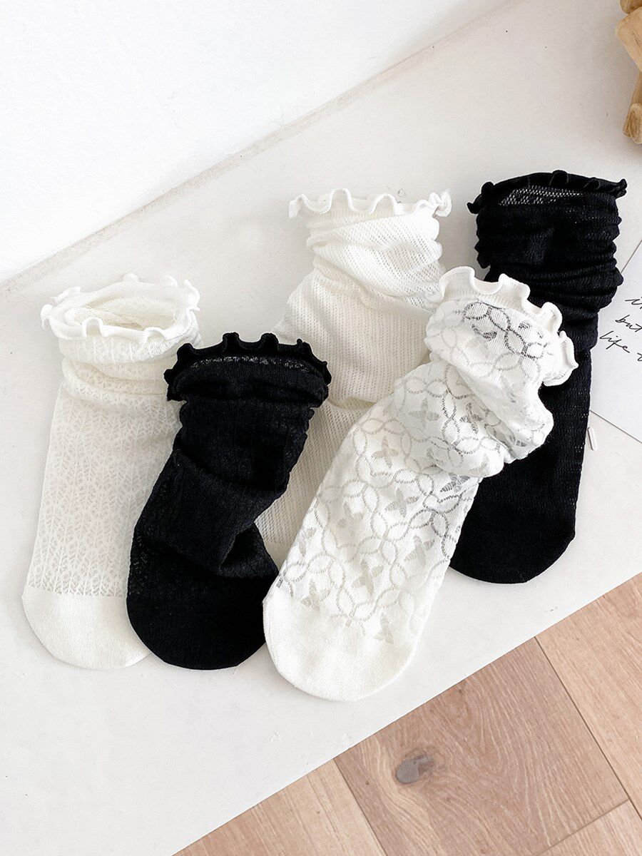 白色蕾丝袜子女夏季薄款jk堆堆袜夏天玛丽珍木耳花边黑色中筒袜女