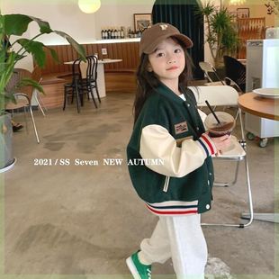 巴拉巴柆儿童韩版洋气棒球外套女童秋冬2024新款绿色夹克长袖上衣