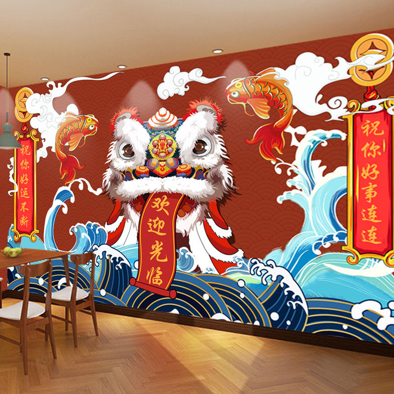 定制网红国潮风壁纸麻将馆棋牌室墙纸烧烤火锅店装饰背景墙布壁画