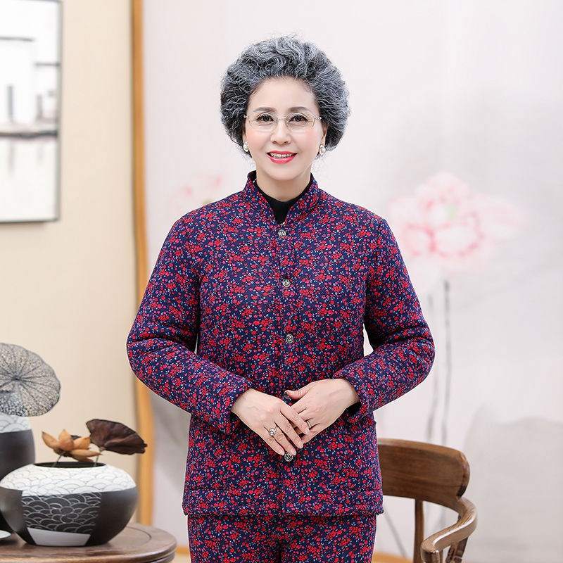 妈妈冬天棉衣老人棉裤套装加厚老太太外穿中年妇女加大码小花棉袄