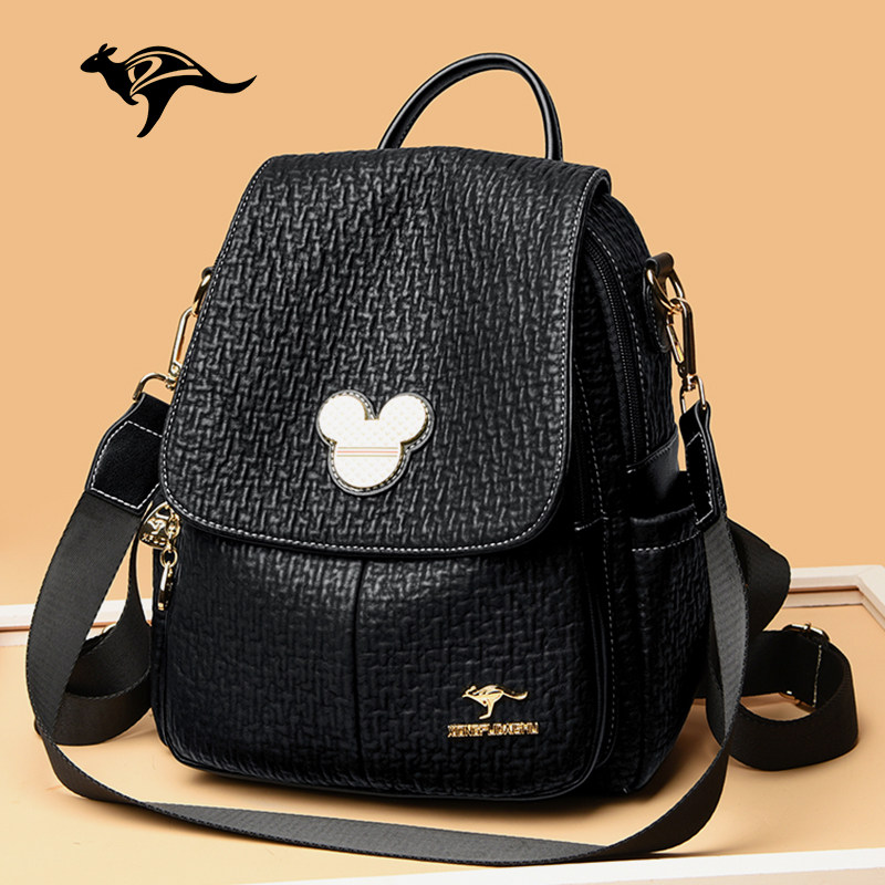 正品袋鼠真皮双肩包女