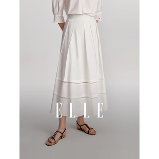 ELLE白色高级感中长款半身裙女2024夏季新款高腰显瘦镂空气质裙子