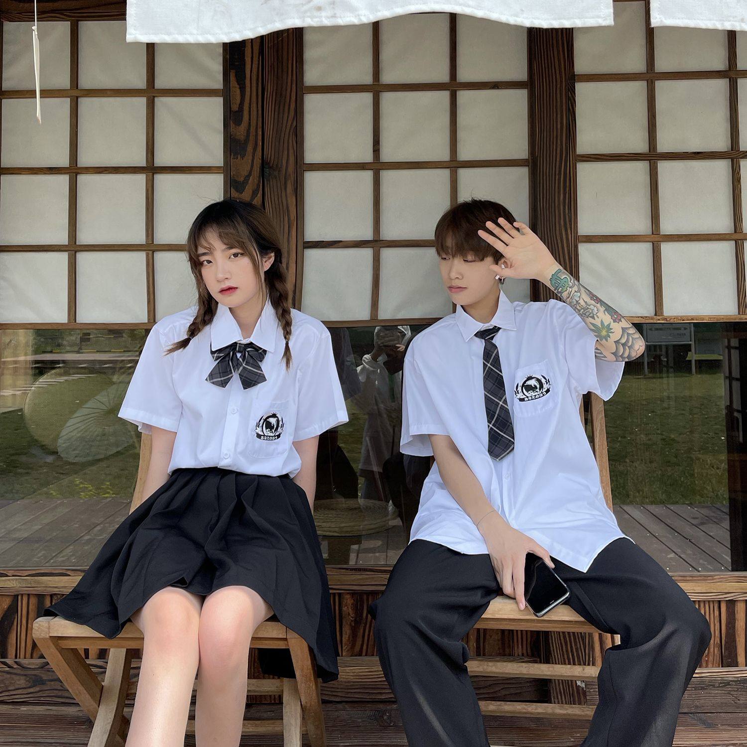 泰国校服jk高中生情侣装短袖dk制服衬衣女2022夏装衬衫男夏季班服