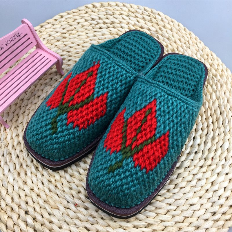 拖鞋手工情侣红色毛线哦钩黑色居家猫咪纯靴居家鞋