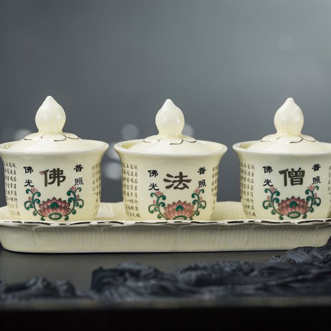 供佛小号水杯佛法僧净水杯家用招财三连杯佛前供具圣陶瓷供水杯