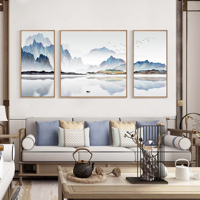 山水画装饰画后面沙发的挂画客厅三联画新中式背有靠山壁画三件套