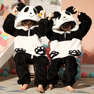 儿童睡衣连体秋冬季法兰绒男童女童卡通熊猫珊瑚绒睡袋小孩家居服