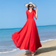 沙滩连衣裙长裙飘逸2024夏季新款红色V领显瘦大摆超长款到脚踝女
