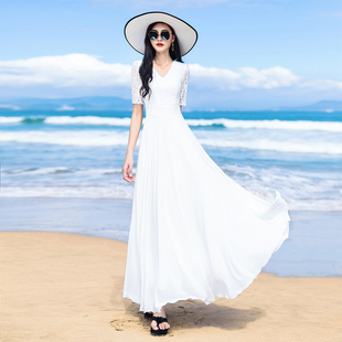 白色连衣裙裙飘逸2024新款雪纺长款蕾丝显瘦大摆海边沙滩长裙女夏