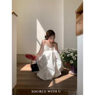 SourceWithU 白玫瑰 法式复古白色吊带连衣裙少女花边纯色吊带女