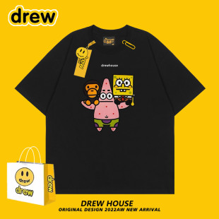 Drew house笑脸新款海绵宝宝联名款卡通可爱趣味夏季百搭T恤短袖