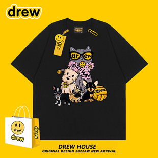 Drew house笑脸潮牌美式夏季情侣款百搭宽松圆领纯棉男上衣短袖