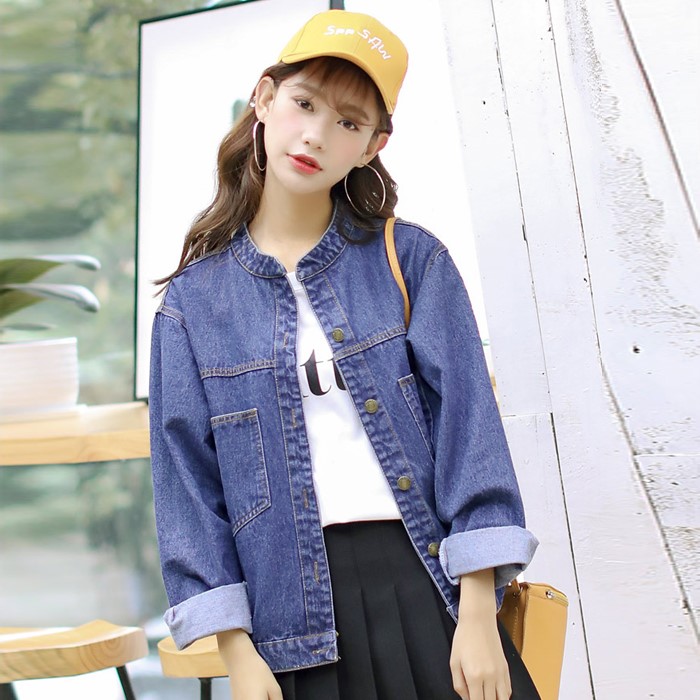 百搭外套女韩版2019新款潮浅色短款宽松圆领学生牛仔春装bf百搭衣