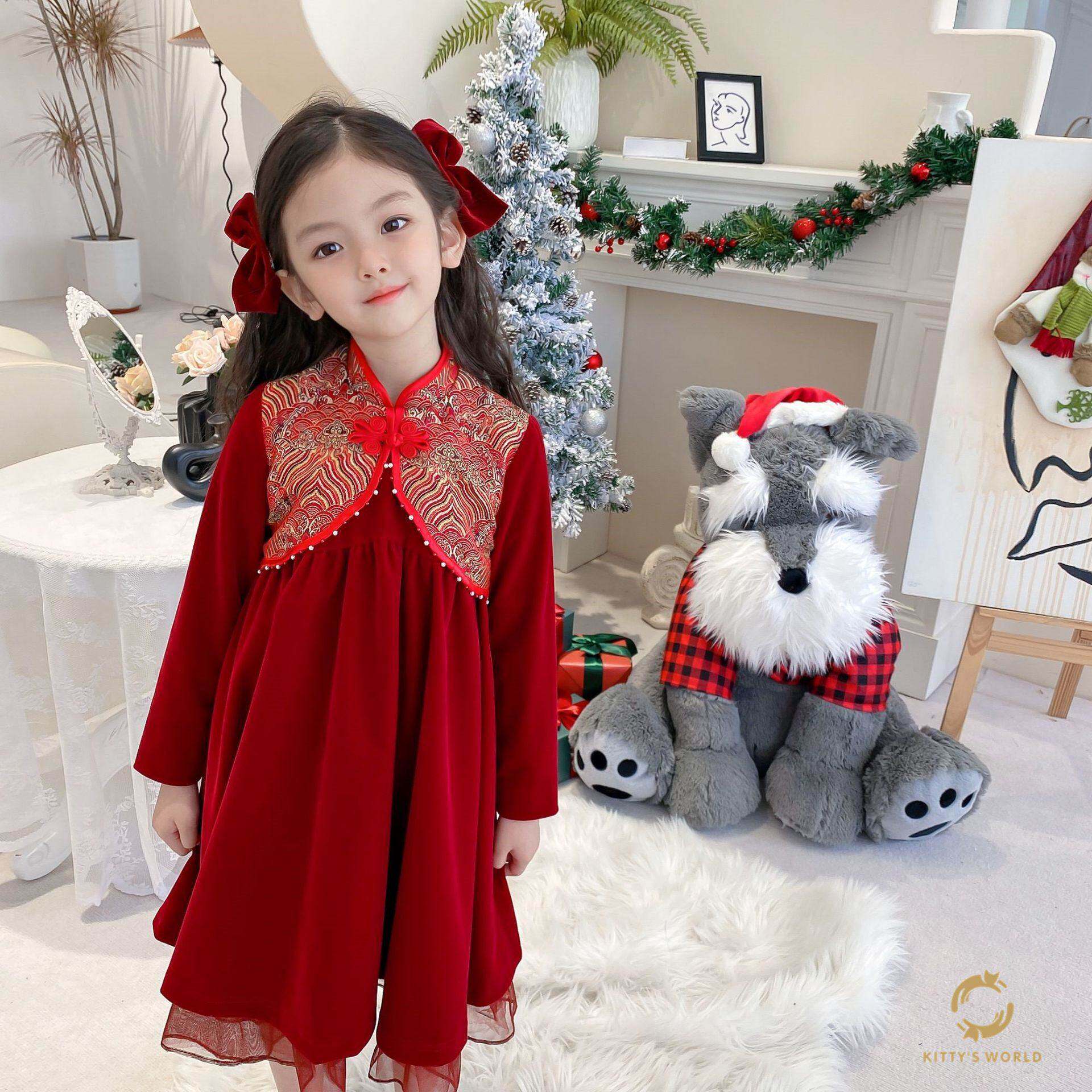 226玲娜贝儿童装kw家女童红色连衣裙冬儿童中国风丝绒斗篷女宝宝