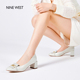 Nine West/玖熙单鞋女鞋气质春新款粗跟高跟鞋浅口真皮99太极金扣