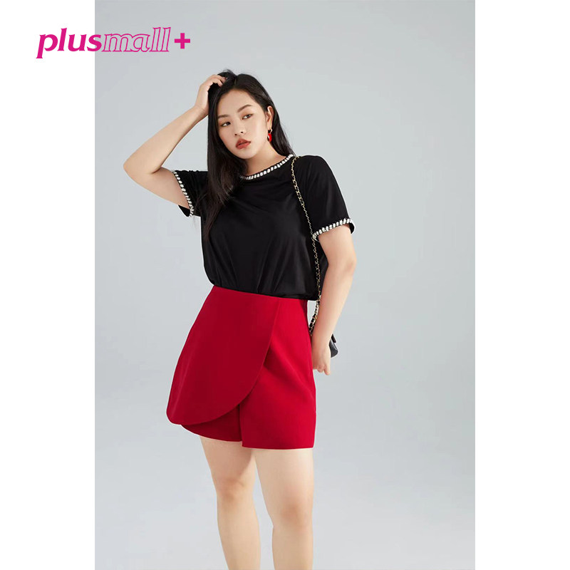 plusmall杨天真大码女装夏胖mm遮肚显瘦醋酸复古工装风翻领连衣裙