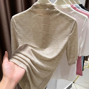 天丝针织半高领短袖T恤女夏季高级感洋气薄款微透防晒罩衫上衣