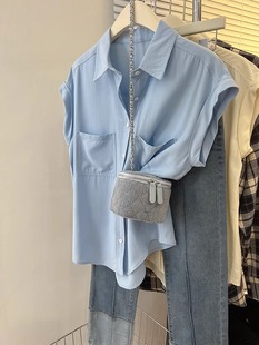 polo领蓝色衬衫短袖T恤女2024新款爆款夏季设计感配阔腿裤的上衣