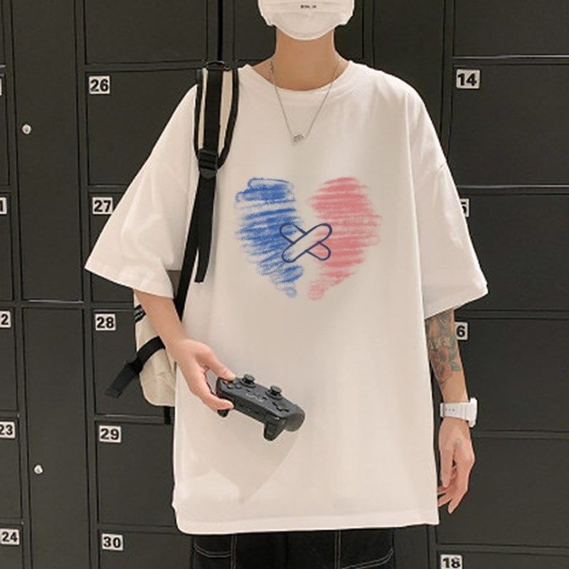 撞色爱心涂鸦印花短袖t恤男原宿港风宽松情侣半袖ins潮流百搭体恤