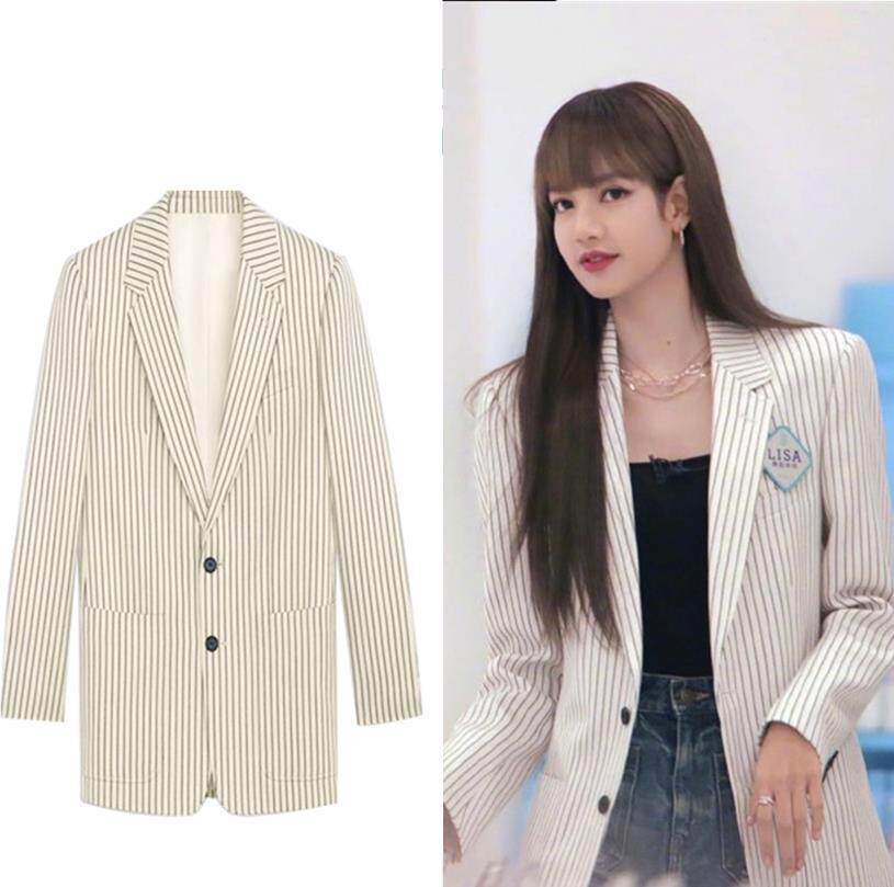 lisa同款白色竖条纹小西装外套复古英伦西服修身显瘦上衣女