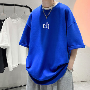 克莱因蓝短袖男夏装t恤ins高街设计感五分半袖宽松美式vibe风上衣