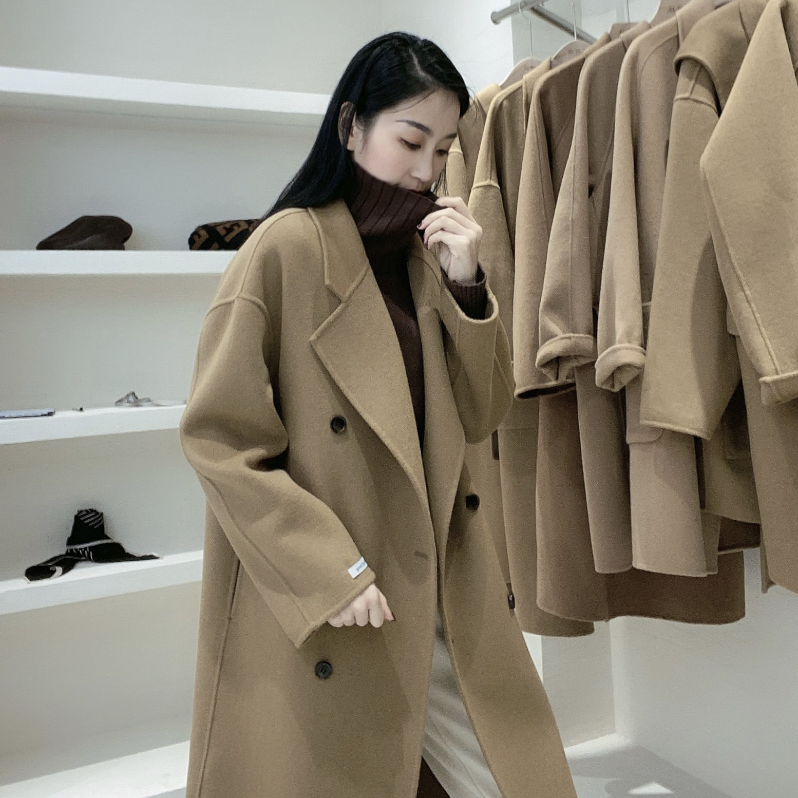 徐大可家新款秋冬小个双面零羊绒大衣女中长款茧型高端羊毛呢外套