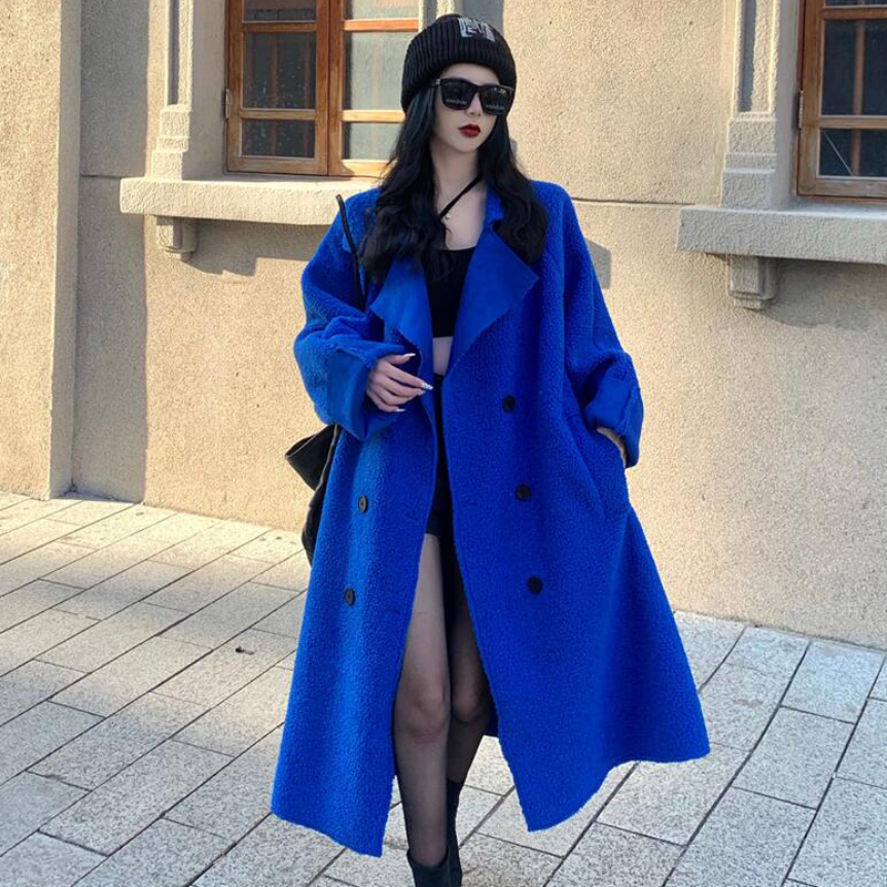 克莱因蓝色大衣女潮ins泰迪熊款毛茸茸秋冬装皮毛一体羊羔毛外套