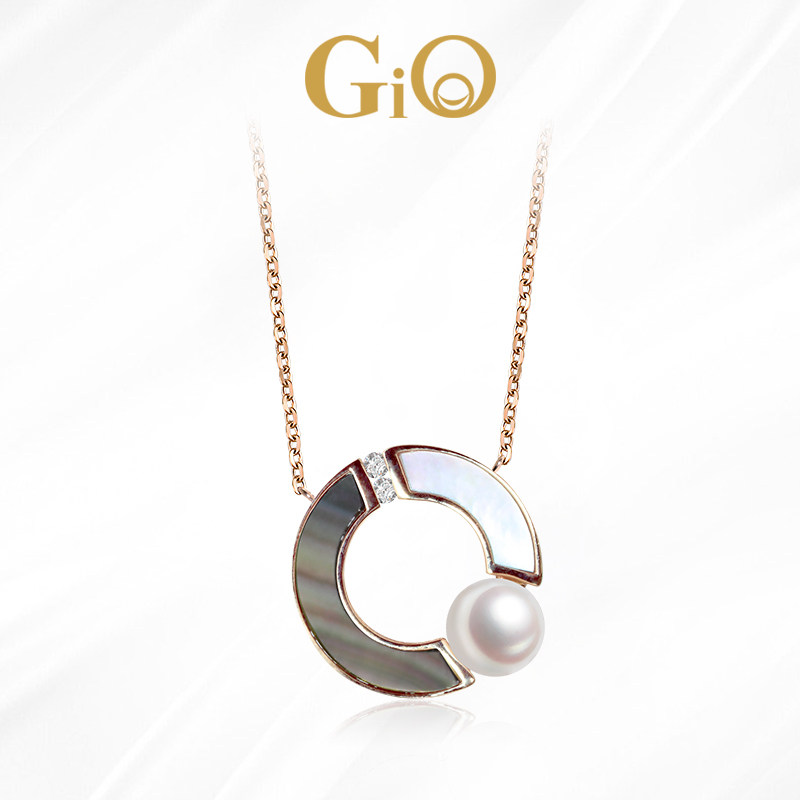 gio珠宝 天然钻石母贝日本海水akoya珍珠项链女18k金吊坠时尚礼物