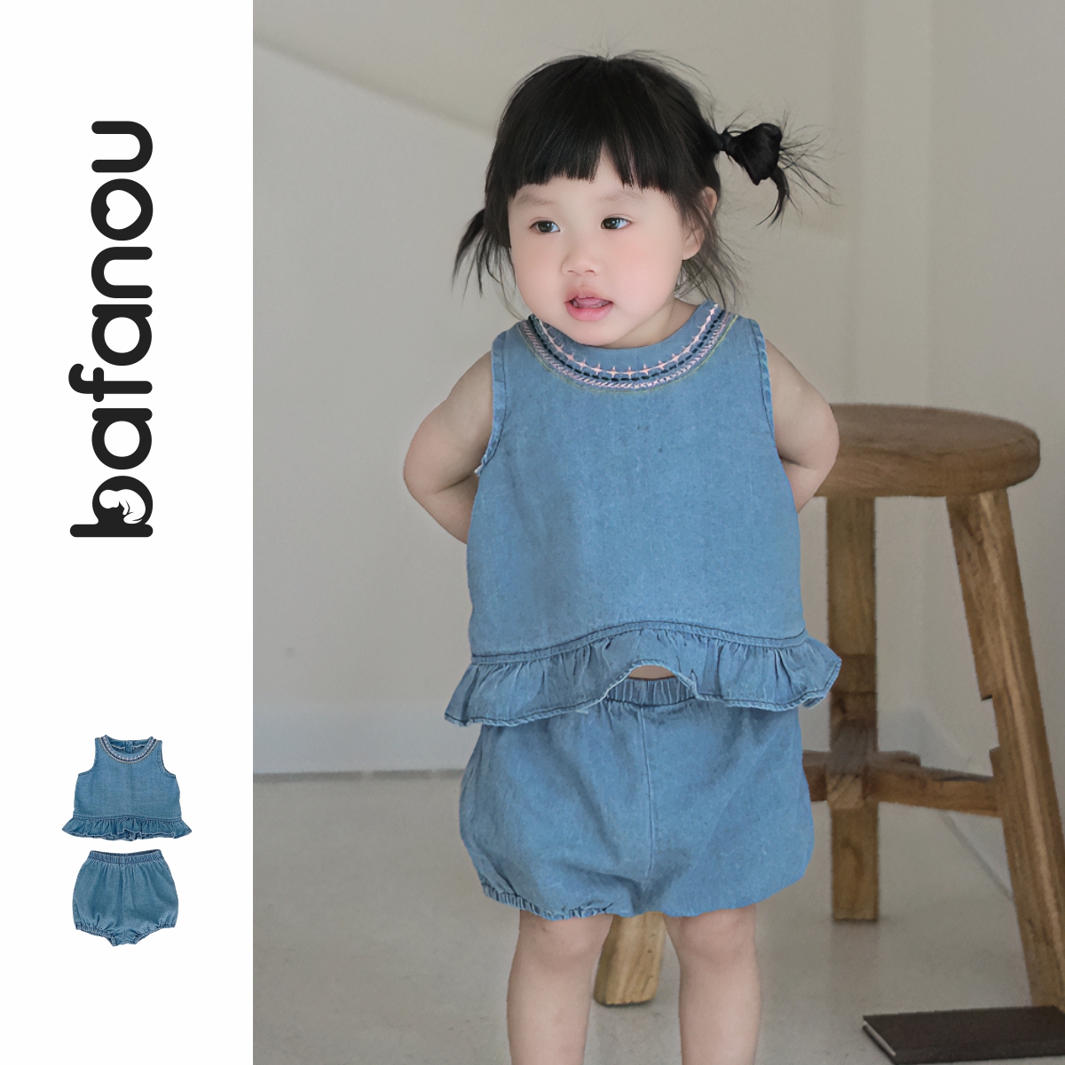 巴梵欧女宝宝牛仔小套装夏季新款外出服婴幼儿两件套洋气时髦韩版
