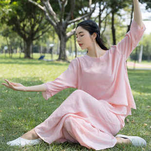 瑜伽禅服套装春夏打坐棉麻中式改良居士服佛系女装中国风禅意茶服