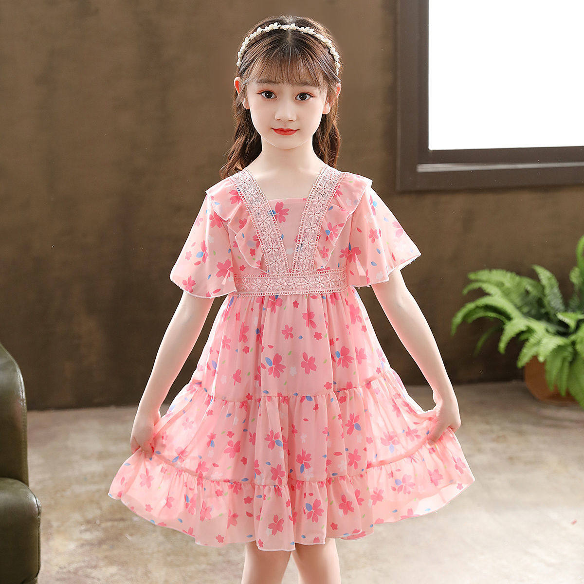 女童雪纺连衣裙夏装2021新款萝莉网红公主裙小女孩洋气碎花仙女裙