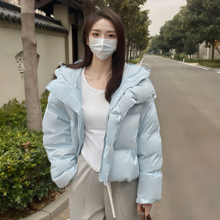 韩系气质甜美浅蓝色棉衣棉服女设计感时尚小众连帽抽绳保暖上衣潮