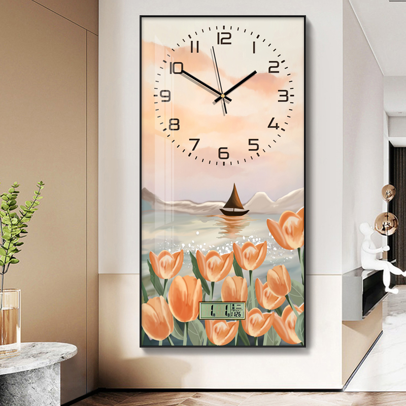 奶油风钟表现代简约花卉装饰画挂钟极简走廊过道墙画铝合金框挂钟