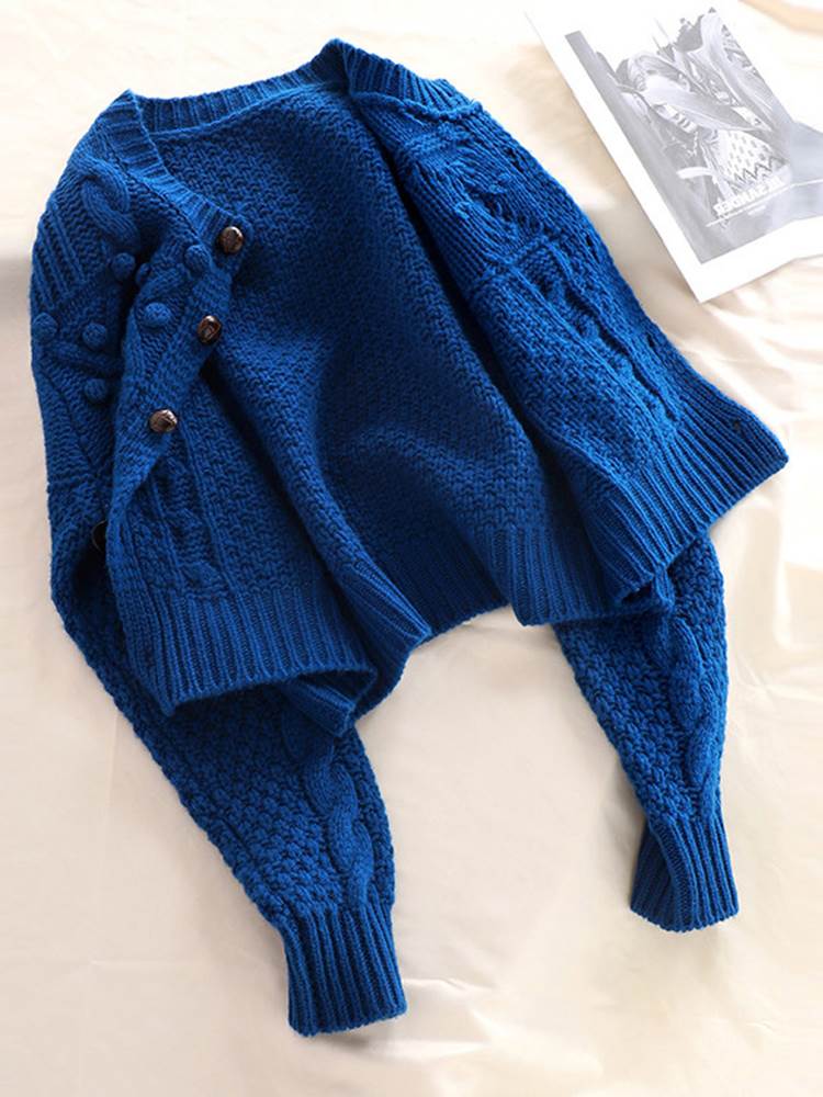 宝蓝色粗线麻花毛衣外套女秋冬2022新款小个子温柔风加厚针织开衫