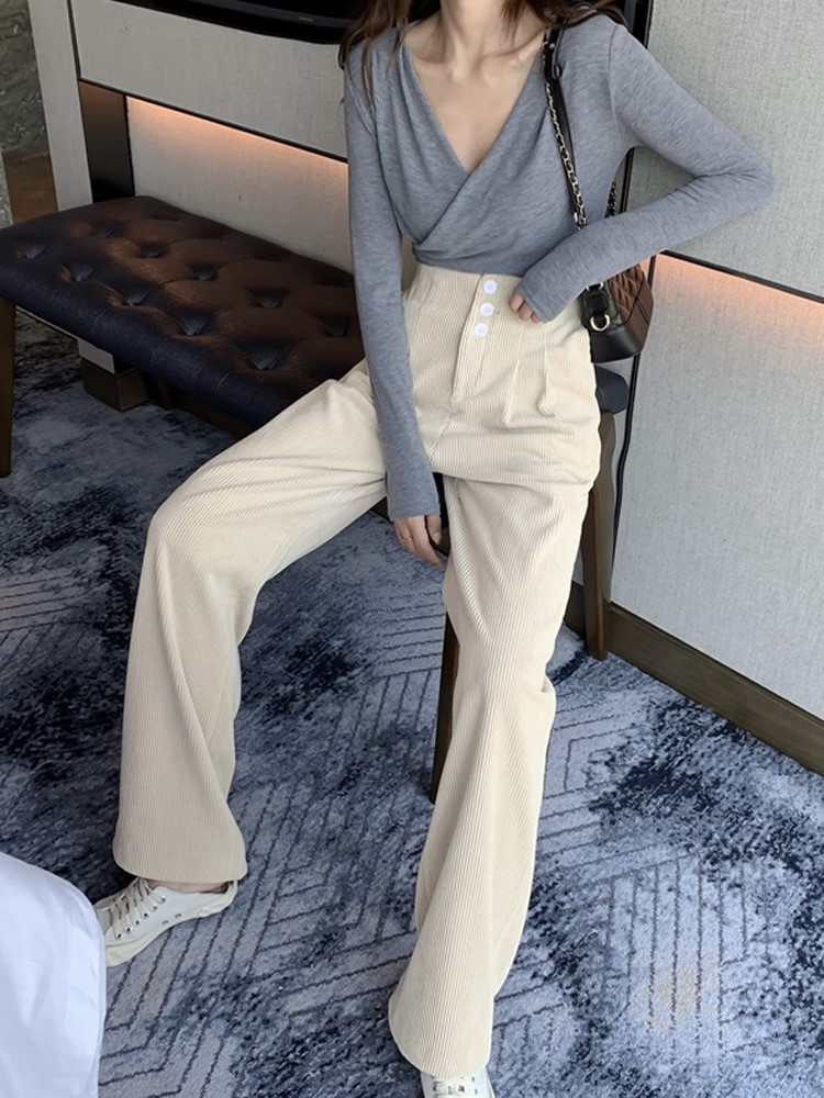 米色灯芯绒阔腿裤女2021裤子高腰直筒宽松条绒小个子春秋