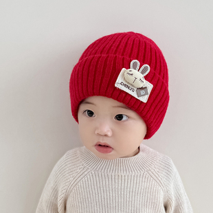 宝宝红色帽子秋冬款毛线帽过年冬季保暖儿童男孩女孩外出针织帽