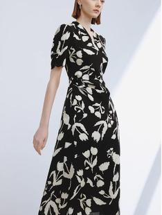 朗姿法式设计感围裹式显瘦度假V领连衣裙2024年夏季新款印花裙子