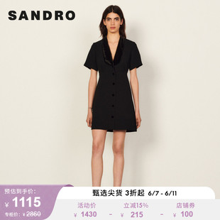 SANDRO Outlet女装法式复古V领短袖收腰西装黑色连衣裙SFPRO01981