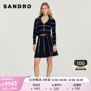 SANDRO Outlet女装法式翻领条纹黑色短款针织开衫上衣SFPCA00632