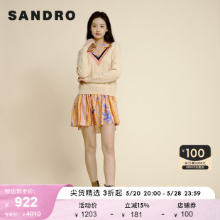 SANDRO Outlet女装春夏印花度假风衬衫领桑蚕丝连衣裙SFPRO02163