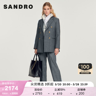 SANDRO Outlet女装通勤灰色直筒双排扣宽松西装外套SFPVE00744