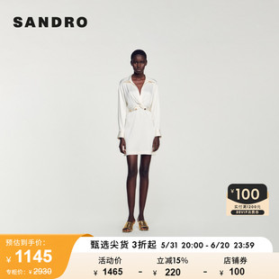 SANDROOutlet女装法式衬衫领收腰白色长袖连衣裙SFPRO03216